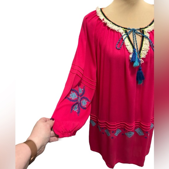 Hayden LA Women's Plus Mini Dress Tunic 1XL Fuchsia Embroidery Tassel Tie Fringe - Picture 5 of 12